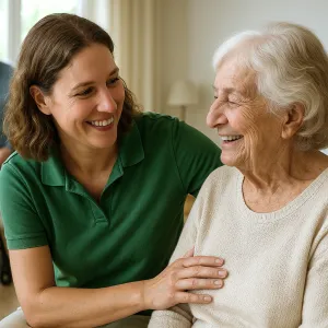 Zorgmedewerker en oudere cliënt lachen samen in een warme woonzorgomgeving bij ViVa! Zorggroep
