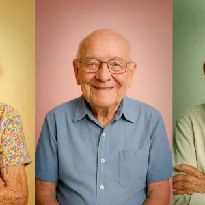 Portretten van drie ouderen met warme glimlach tegen gekleurde achtergronden bij ViVa! Zorggroep